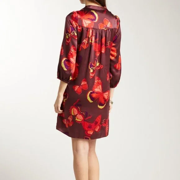 Amour Vert Red Dalila Silk Butterfly Print Tunic Shift Mini Dress M - Picture 2 of 11